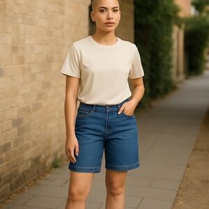 DKNY Denim Blue Women's Jean Shorts Size L Large High Rise Cotton Blend Stretch